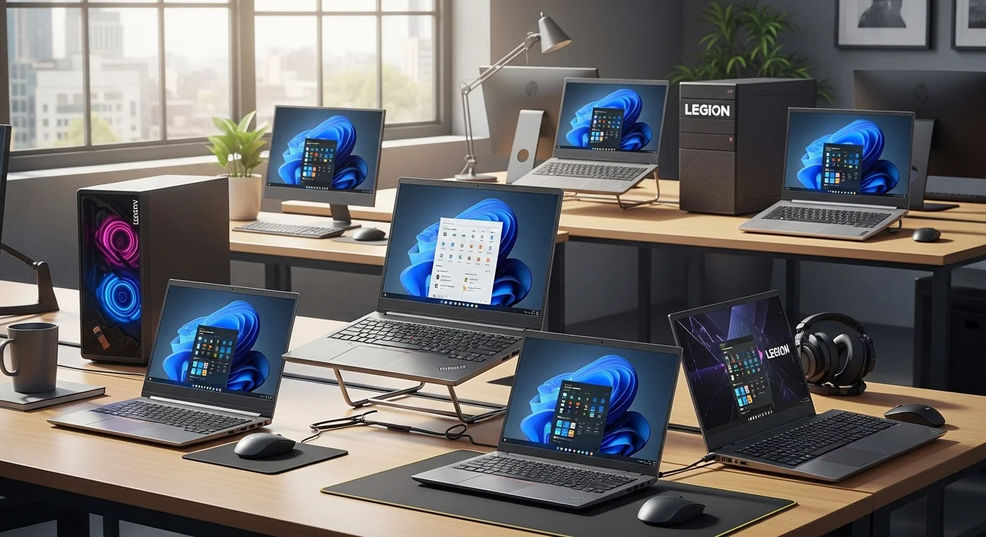 Varias computadoras y laptops Lenovo de las series ThinkPad, Yoga y Legion desplegadas en un entorno de oficina moderno y tecnológico.