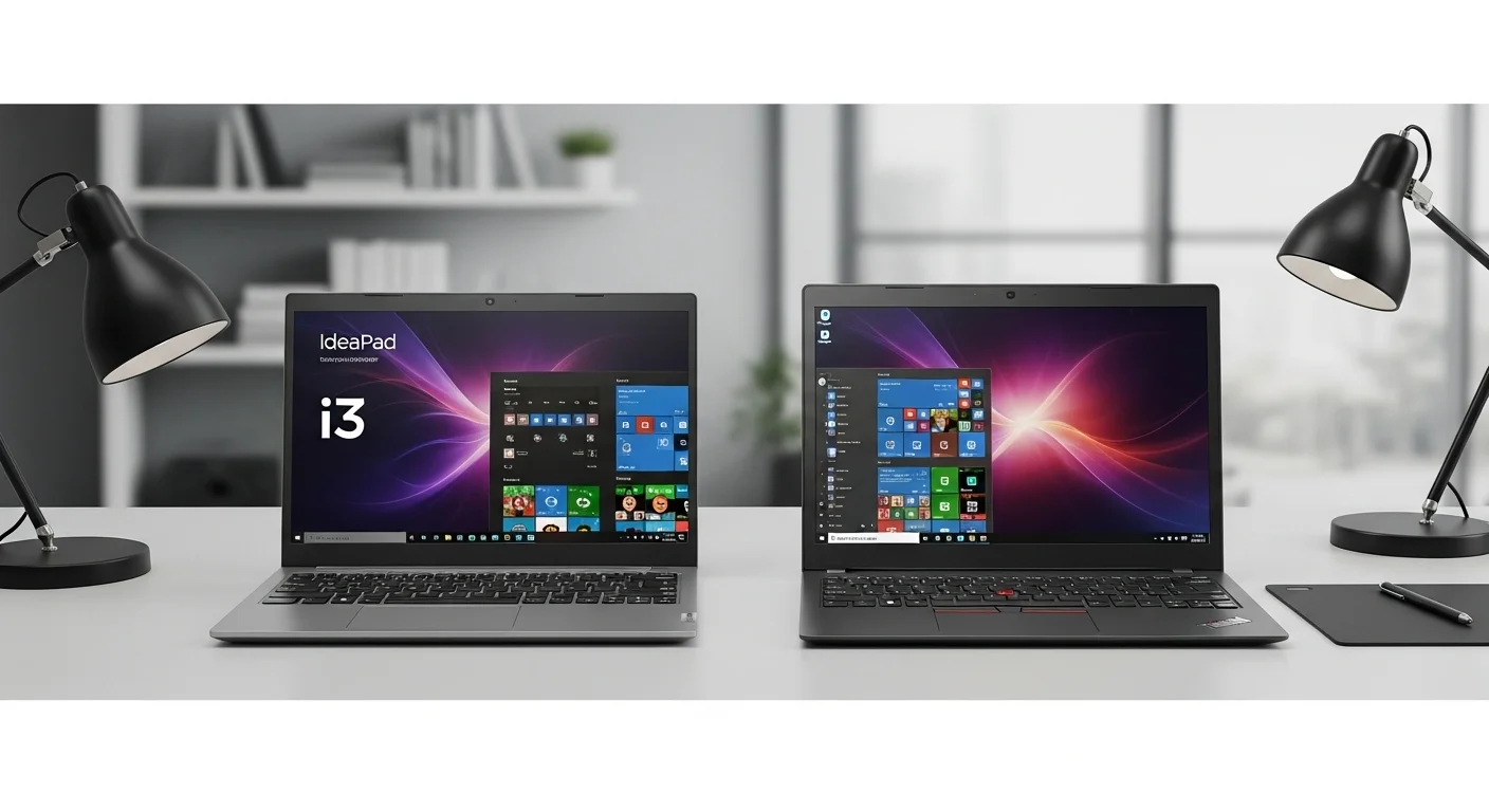 Una laptop Lenovo i3 de la serie IdeaPad junto a una de la serie ThinkPad sobre un escritorio moderno, mostrando su versatilidad para estudiantes y profesionales.