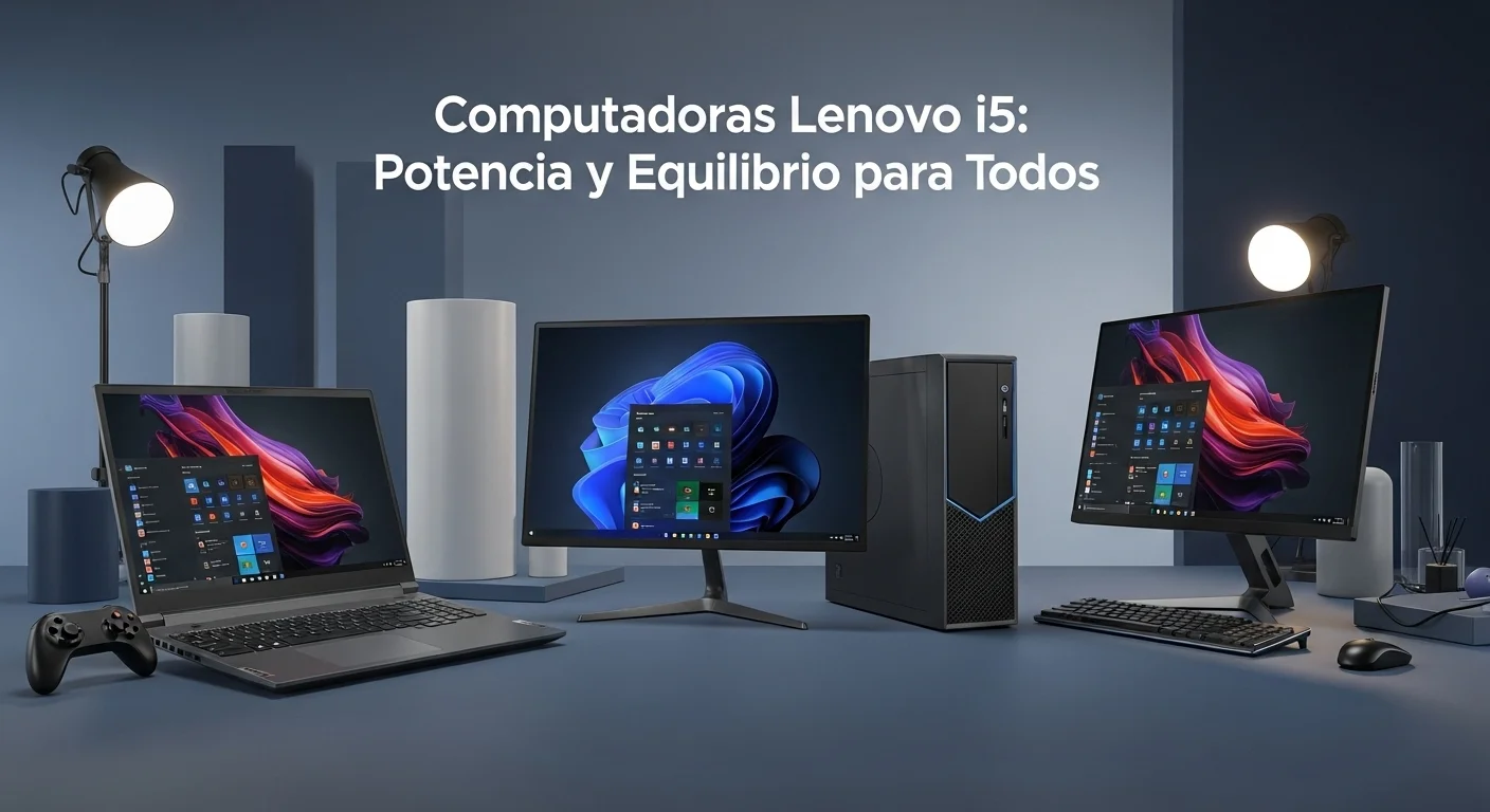 Varias computadoras Lenovo i5, incluyendo una laptop Lenovo Legion i5 y un equipo de escritorio Lenovo IdeaCentre i5, mostrando su versatilidad.