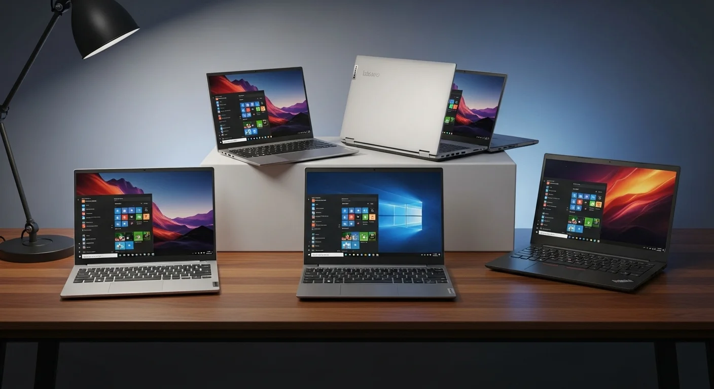 Una selección de computadoras portátiles Lenovo Ryzen sobre un escritorio moderno, mostrando los modelos IdeaPad y ThinkPad