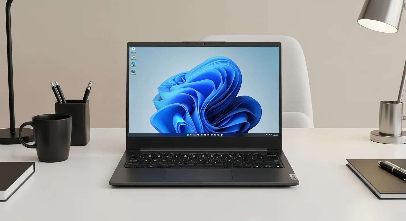 Una computadora portátil Lenovo V15 sobre un escritorio moderno de oficina, mostrando su diseño profesional y funcional.