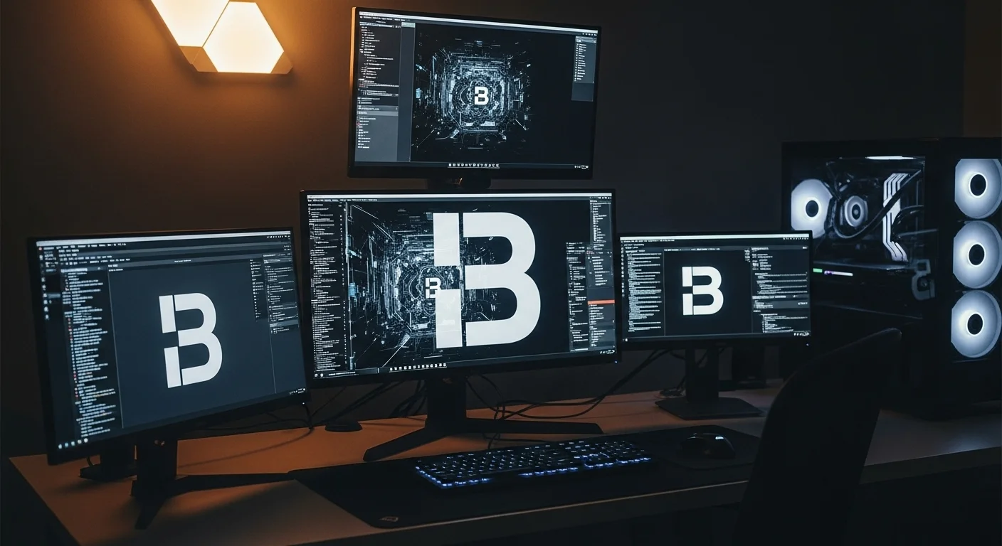 Escritorio moderno con varias computadoras y monitores de alta gama, mostrando gráficos y código, con la letra B superpuesta sutilmente.
