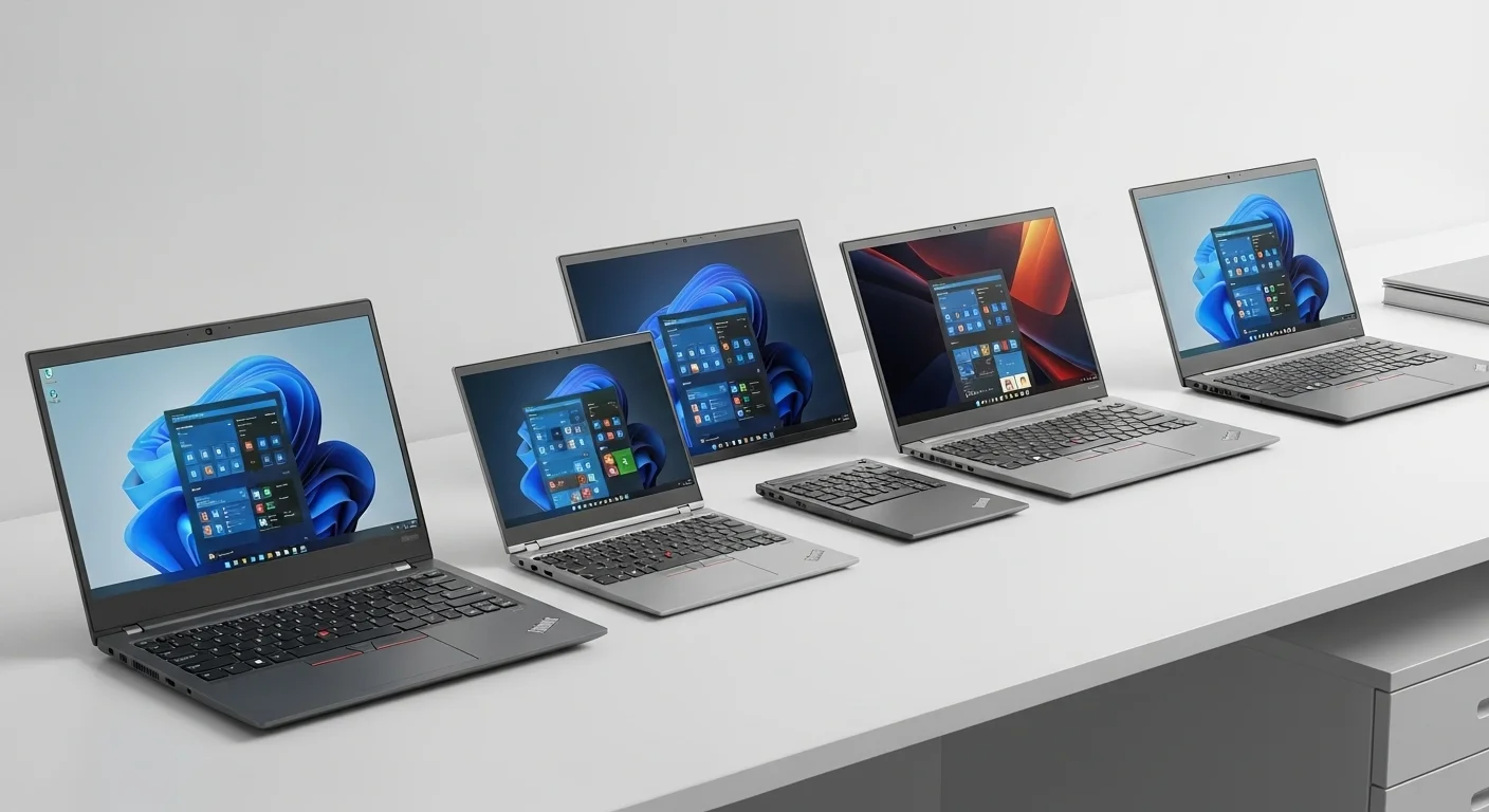 Varias computadoras portátiles de la serie Lenovo Thinkbook en un escritorio de oficina, destacando su diseño metálico y profesional.