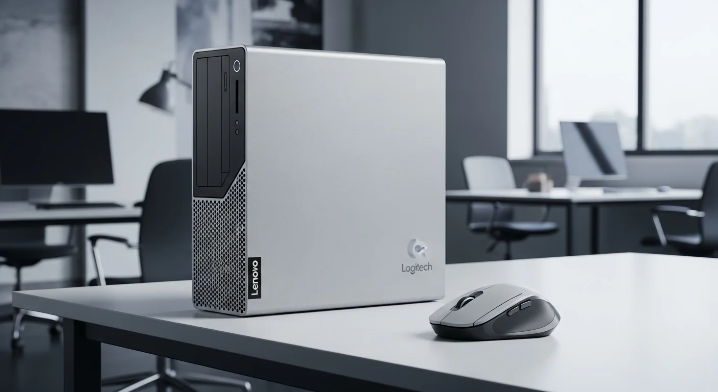 Una imagen mostrando un setup de oficina con una computadora Lenovo M720 SFF y un mouse Logitech M720 sobre un escritorio moderno.