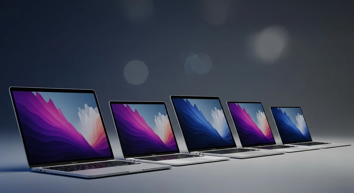Una fila de computadoras Mac Air mostrando la evolución del diseño desde 2018 hasta los modelos M2, en un fondo tecnológico y minimalista.