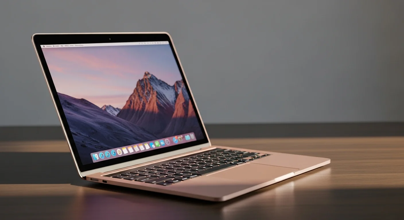 Una computadora Macbook de 12 pulgadas en color oro rosa sobre una mesa de madera, mostrando su diseño delgado y minimalista.