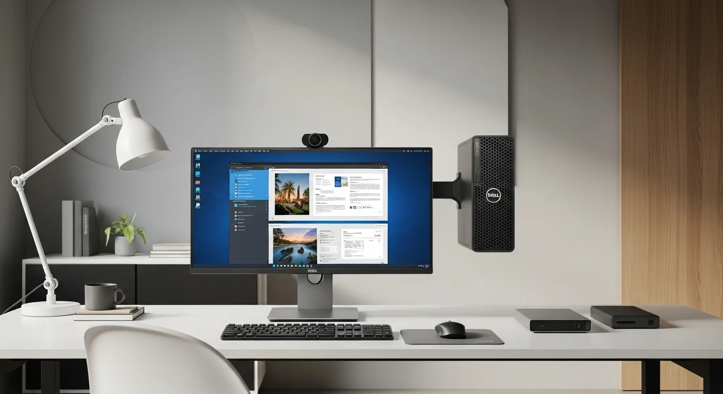 Escritorio de oficina minimalista y moderno con una computadora MFF Dell OptiPlex montada discretamente detrás de un monitor, mostrando un entorno de trabajo limpio y eficiente.