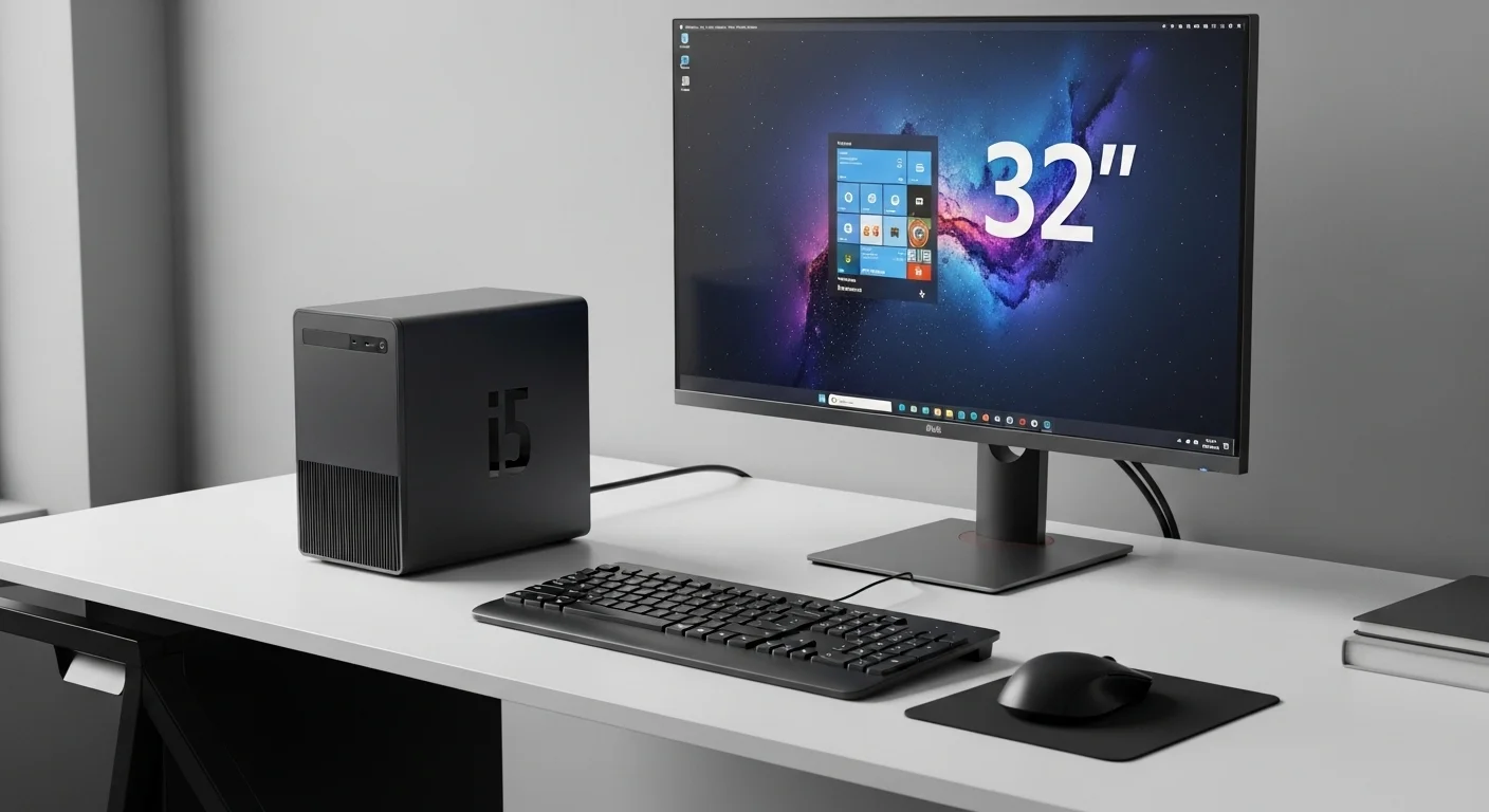 Una computadora mini i5 de color oscuro sobre un escritorio moderno junto a un teclado, un ratón y un monitor, mostrando un entorno de trabajo limpio y tecnológico.