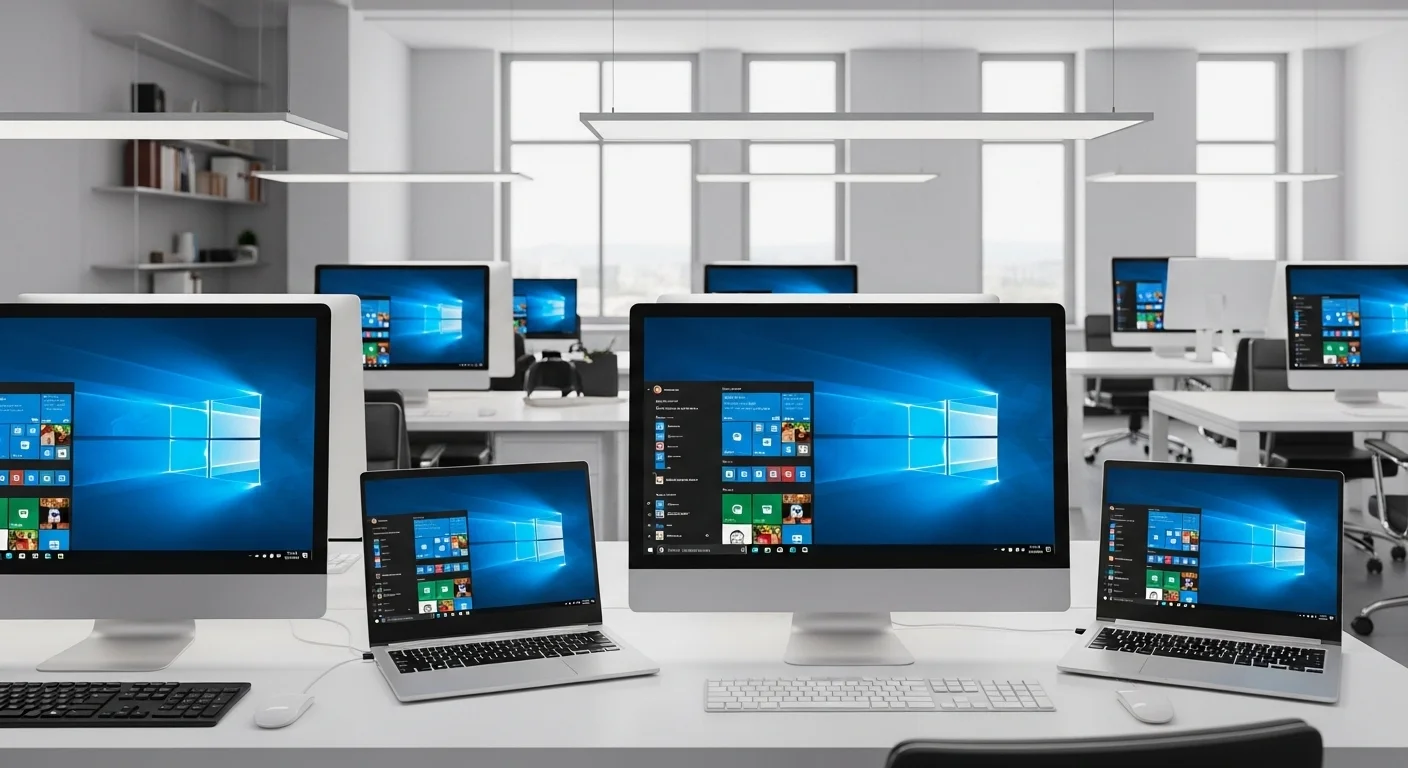 Un entorno de oficina moderno con varias computadoras y laptops mostrando la interfaz de Windows 10, destacando la productividad.