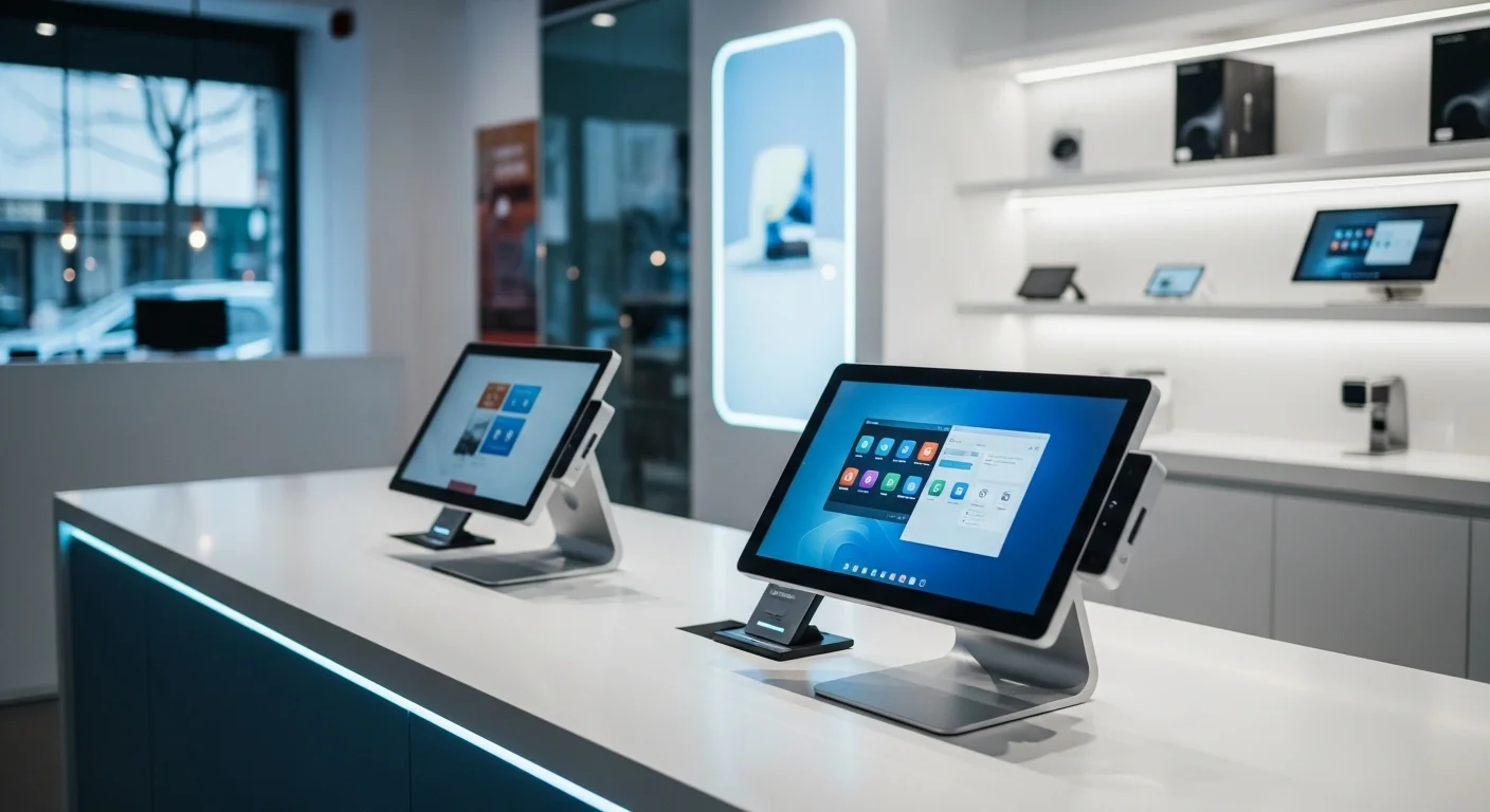 Una configuración moderna de Punto de Venta con computadoras All-in-One de pantalla táctil en un mostrador de tienda limpio y luminoso, mostrando la eficiencia de la tecnología.