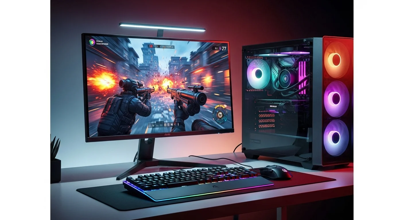 Una configuración de computadora para gaming de alta gama con un monitor 27 1440p iluminado con luces RGB, mostrando un juego de acción vibrante.