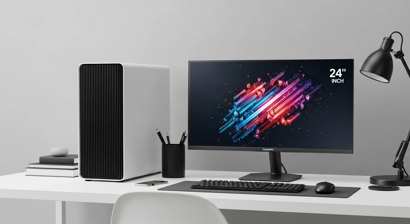 Escritorio moderno con computadoras y un monitor Samsung 24 pulgadas mostrando gráficos de alta calidad, reflejando el uso profesional y de gaming.