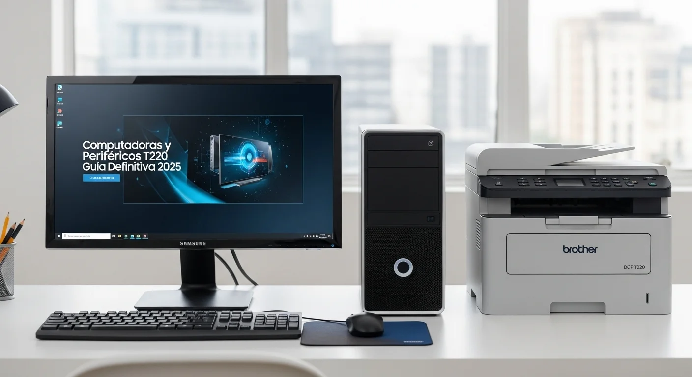 Escritorio de oficina con una computadora, el monitor Samsung SyncMaster T220 mostrando gráficos y una impresora Brother DCP-T220 a su lado.
