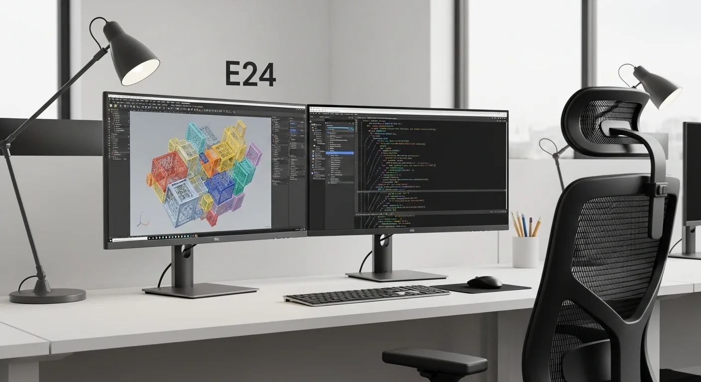 Una configuración de oficina moderna con dos monitores E24, mostrando gráficos y código, destacando el uso de computadoras para la productividad.