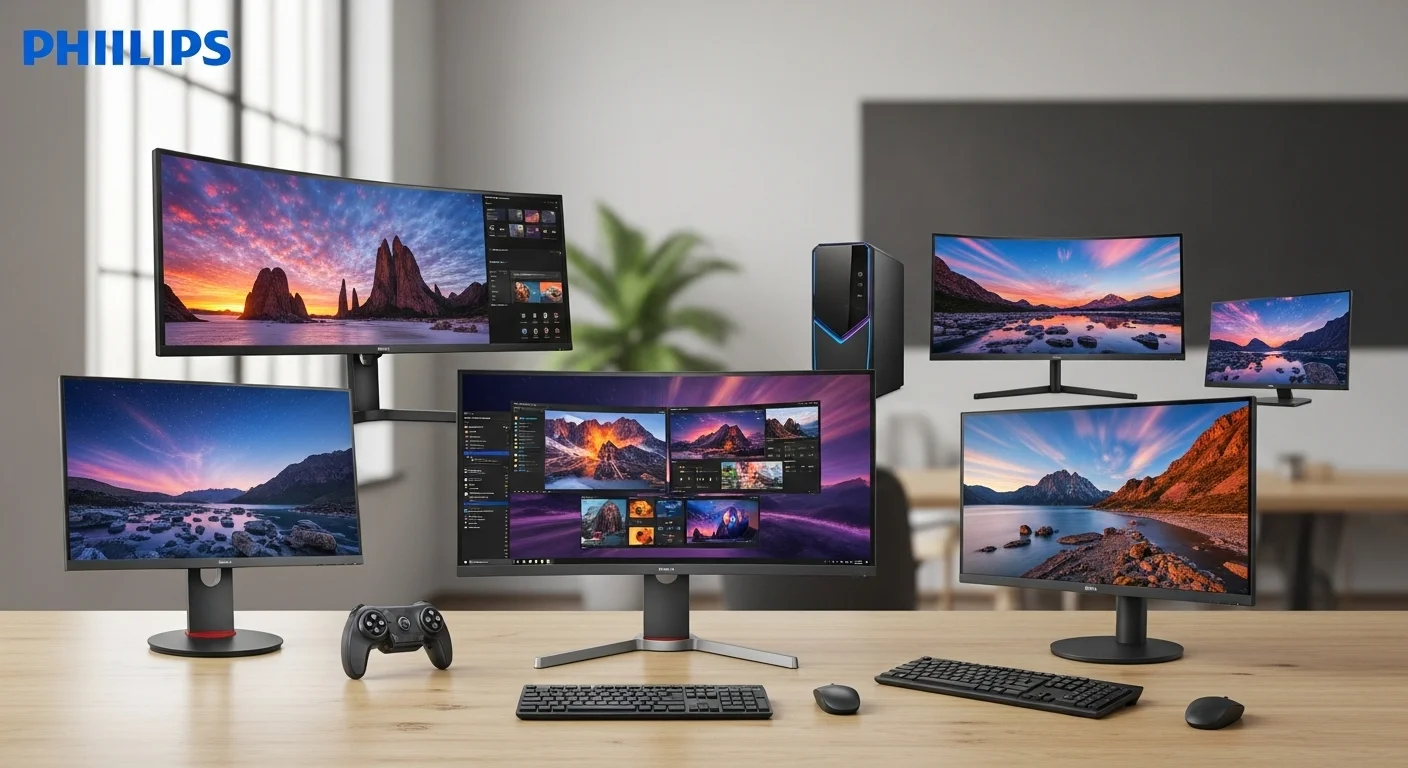 Una selección de monitores Philips para computadoras, incluyendo modelos curvos y planos, en un moderno entorno de oficina.