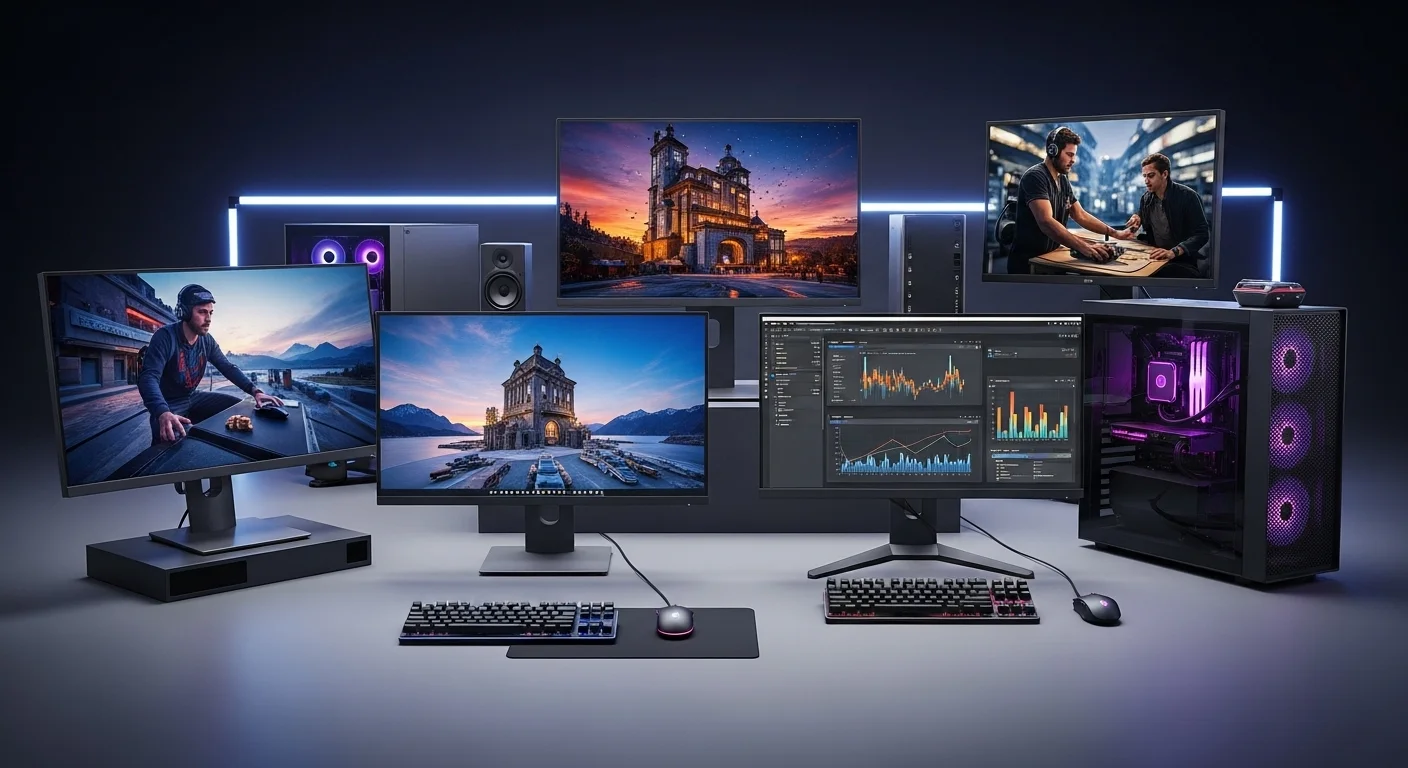Una configuración de escritorio moderna con varias computadoras y monitores de la serie 20, mostrando diferentes casos de uso como gaming y trabajo profesional.