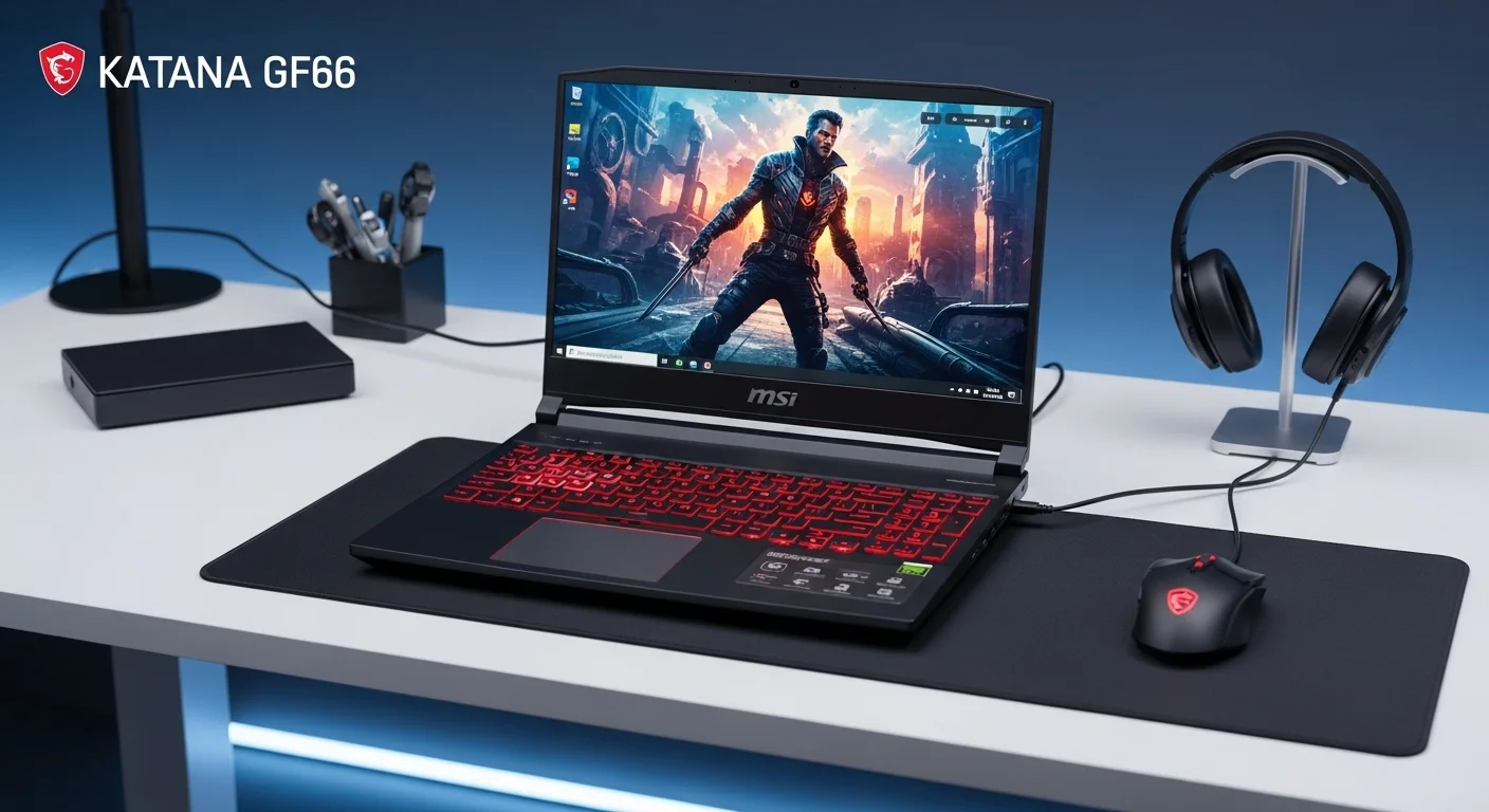 Computadora portátil gamer MSI Katana GF66 en un escritorio iluminado, mostrando el teclado retroiluminado en rojo.