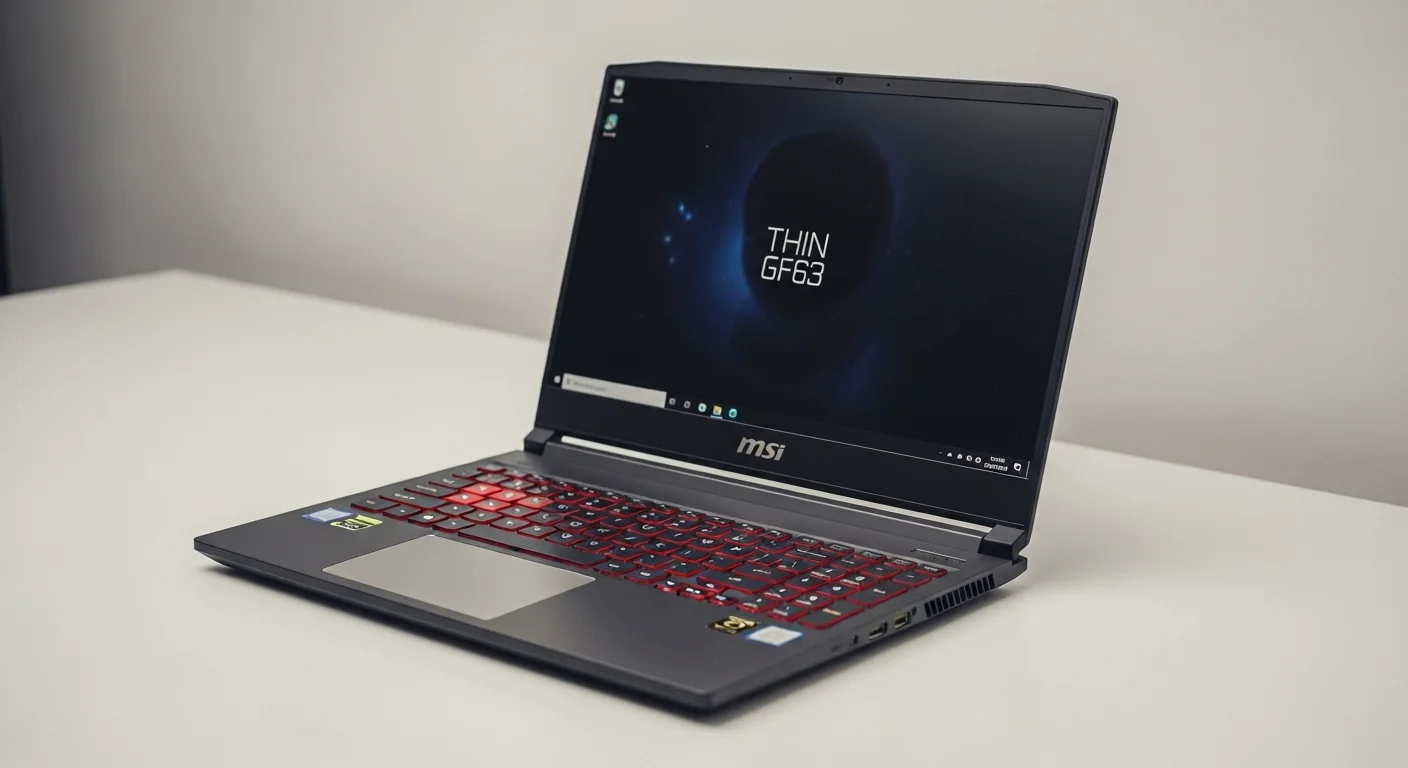 Una laptop MSI Thin GF63 sobre un escritorio con el teclado retroiluminado en rojo, ejemplificando el diseño de las computadoras Msi Thin para gaming.