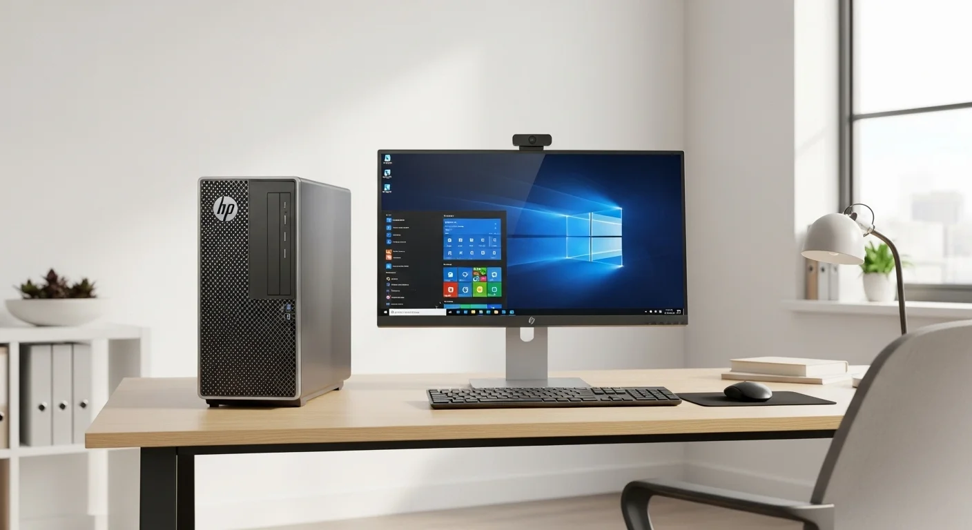 Una computadora HP ProDesk MT Pc en un escritorio de oficina moderno, mostrando su diseño profesional y robusto.