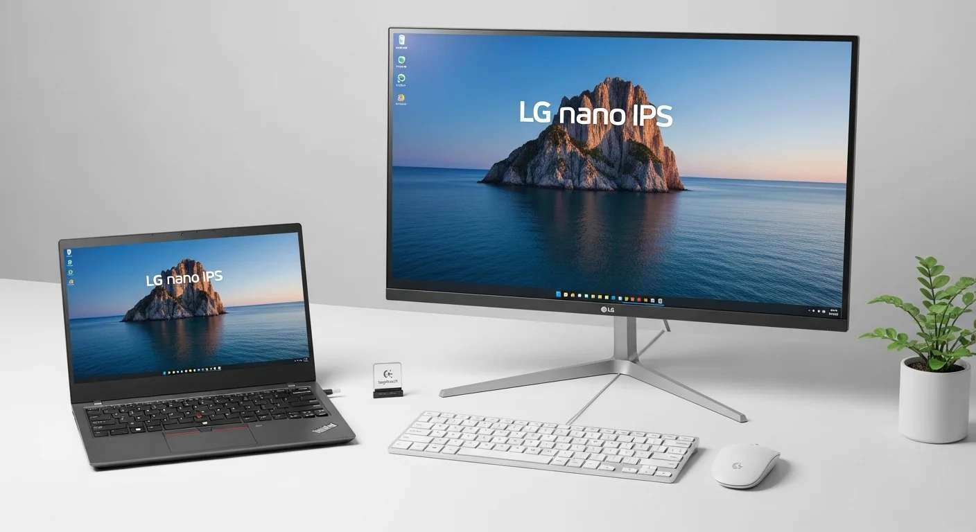 Un escritorio de trabajo moderno que muestra un portátil ultraligero ThinkPad X1 Nano conectado a un monitor LG Nano IPS de gran formato, con un teclado y ratón inalámbricos Logitech que utilizan un receptor Nano.