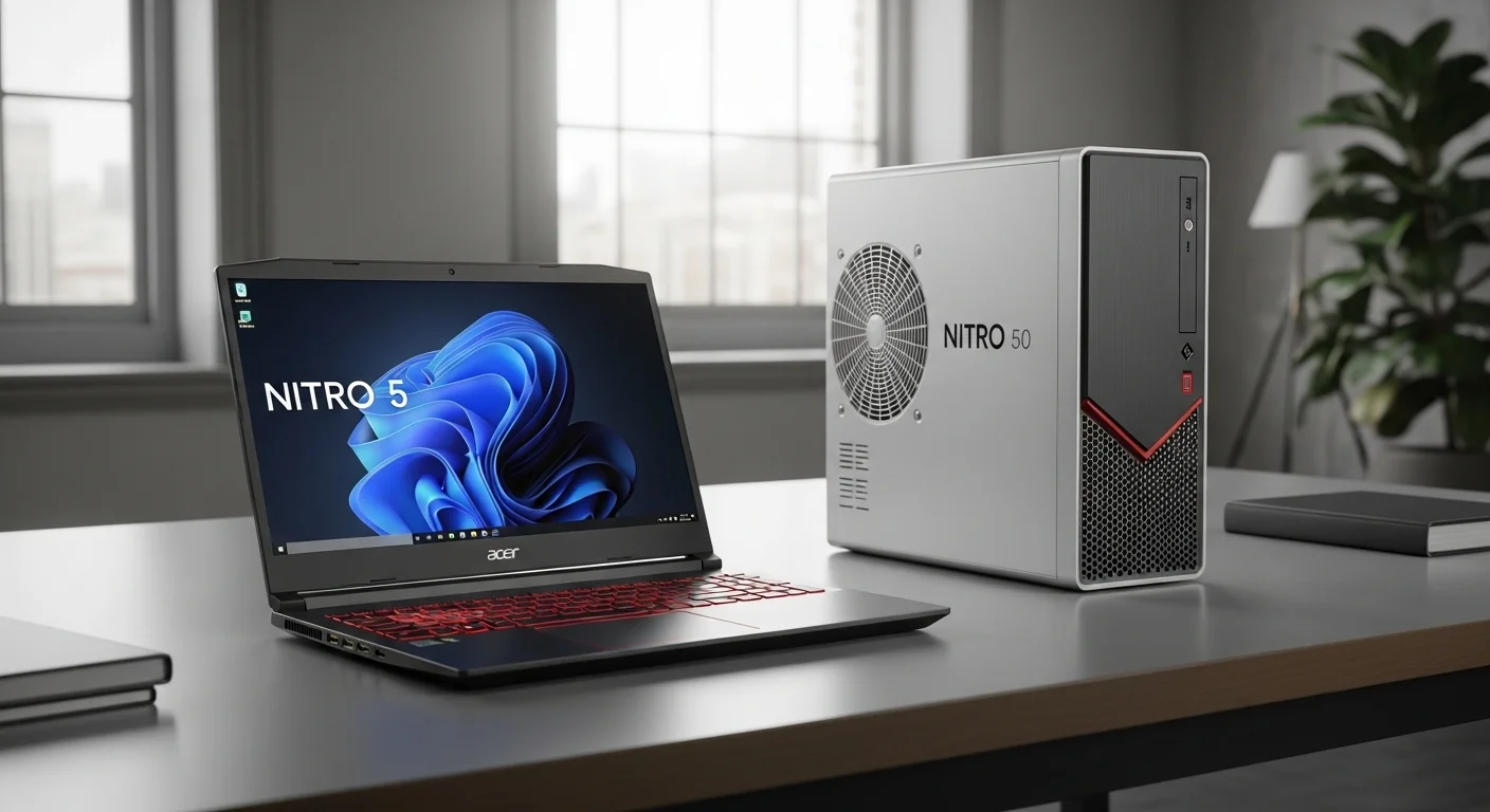 Una composición de computadoras Nitro, mostrando una laptop Acer Nitro 5 iluminada en rojo junto a un PC de sobremesa Nitro 50, sobre un escritorio tecnológico.