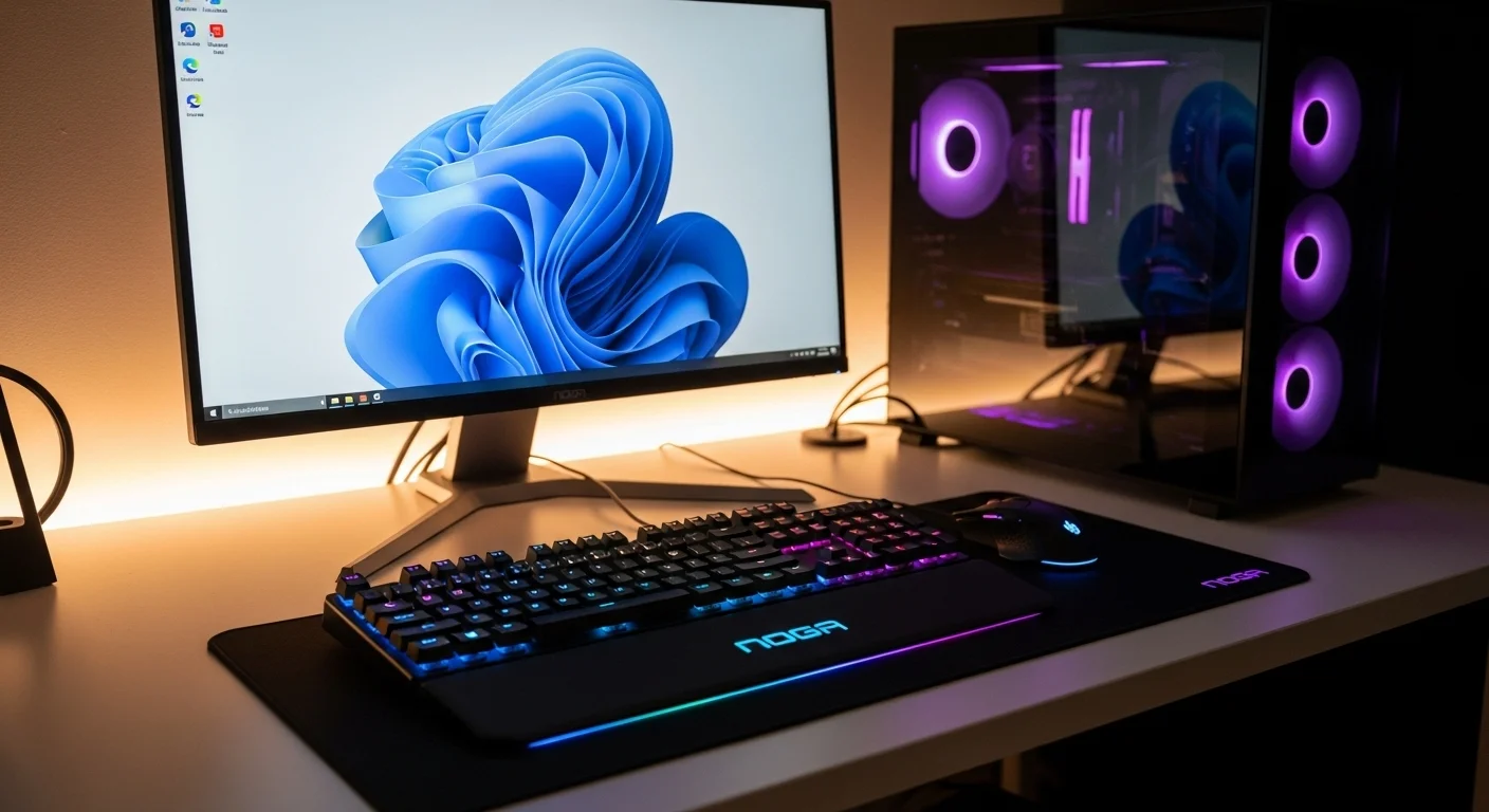 Escritorio moderno con una computadora y periféricos Noga, incluyendo un teclado gamer iluminado y un mouse inalámbrico.