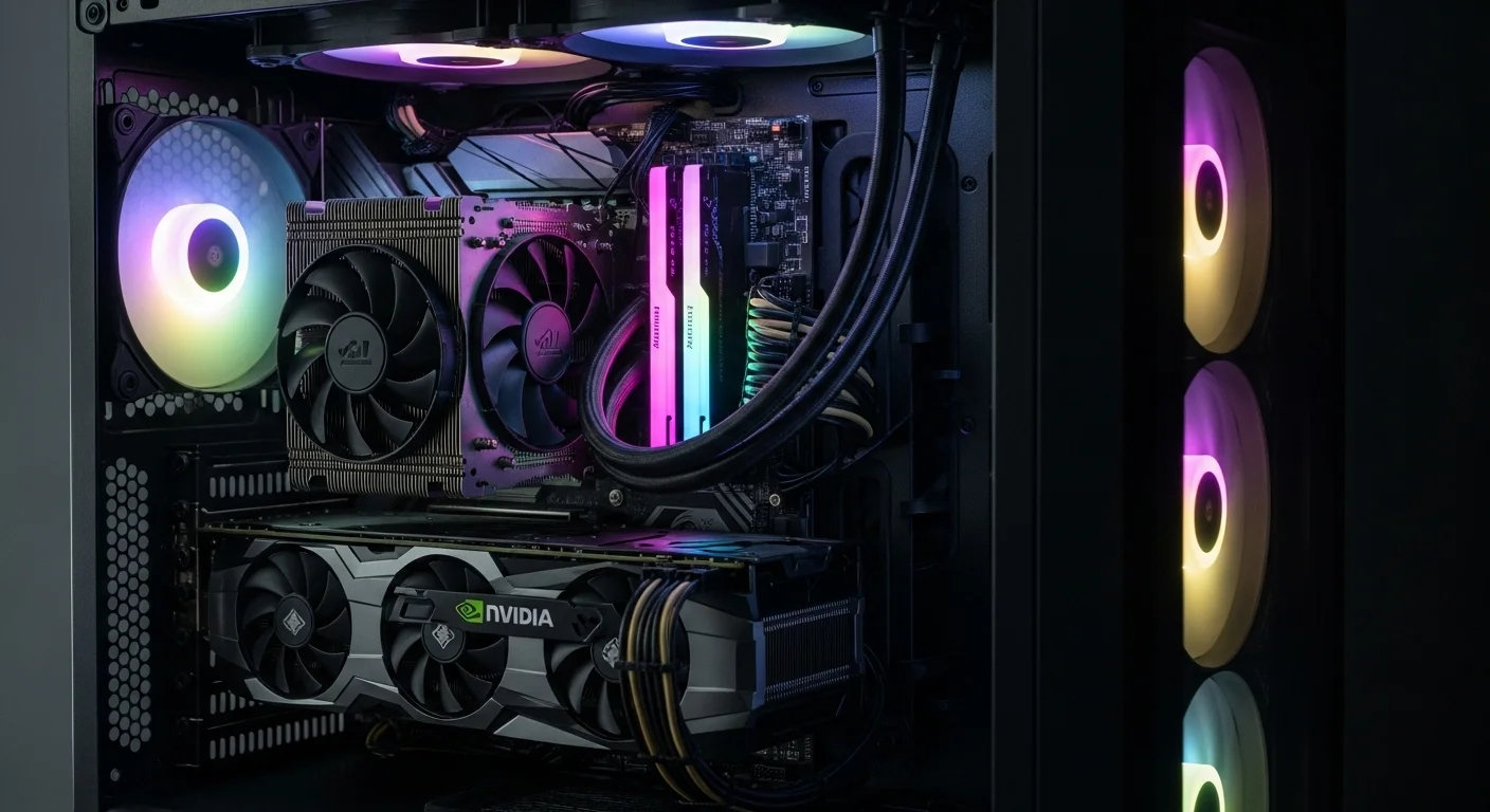 Una moderna computadora de escritorio iluminada con luces RGB, mostrando una potente tarjeta gráfica Nvidia en su interior, simbolizando la tecnología avanzada.