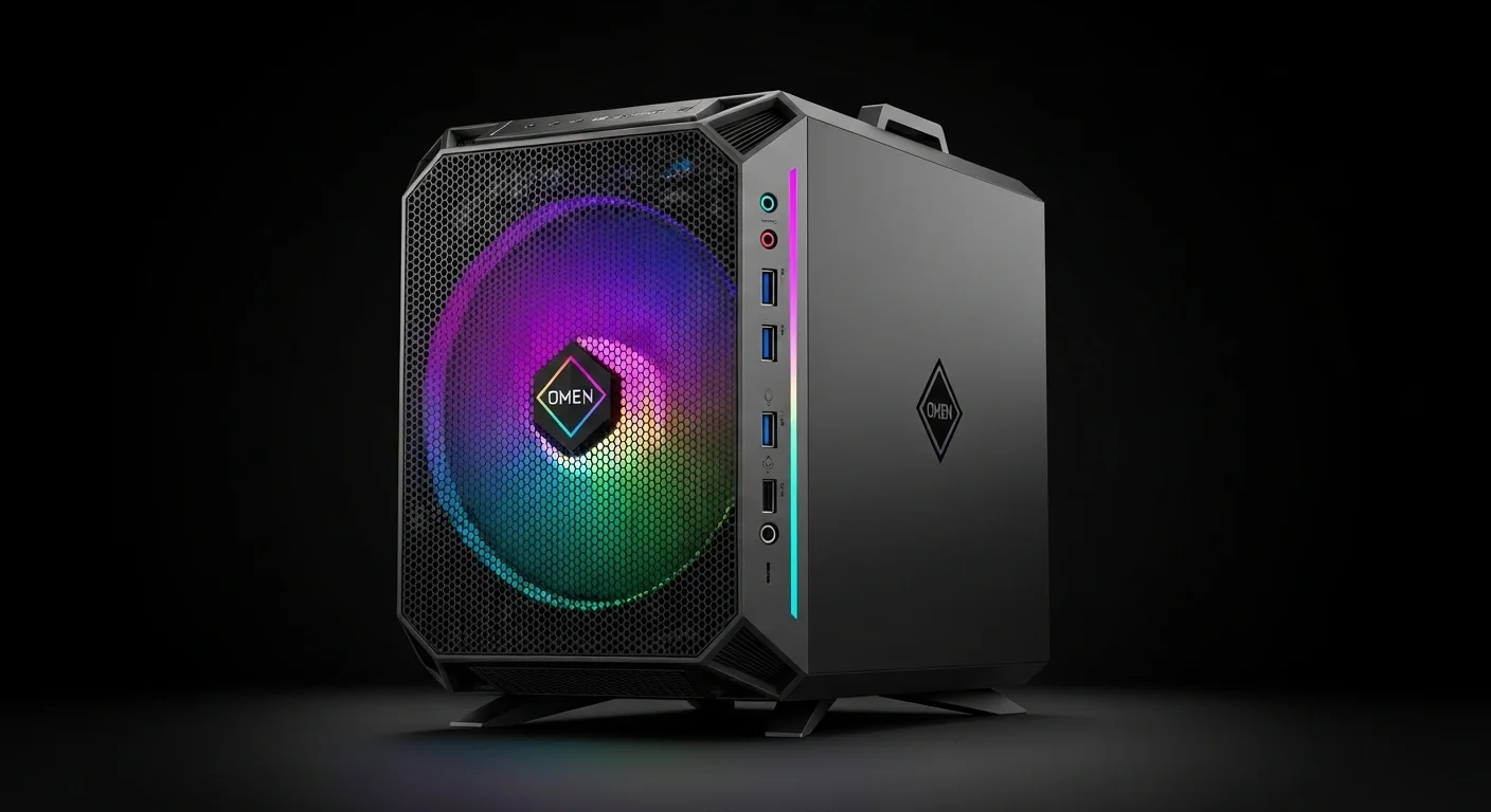 Computadora de escritorio Omen X de HP con su distintivo diseño en forma de cubo e iluminación RGB, representando la potencia en computadoras gaming.