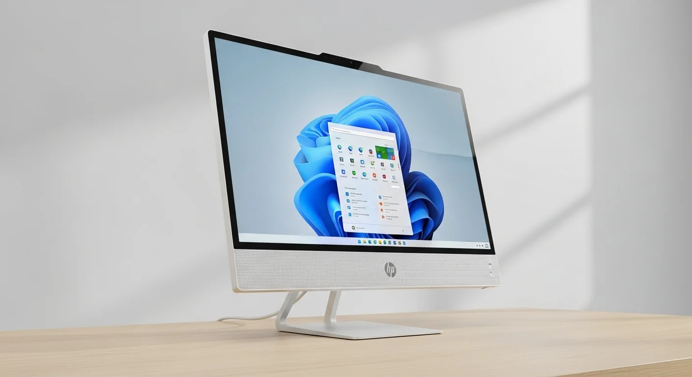 Una computadora HP All in One 24 de color blanco sobre un escritorio de madera minimalista, mostrando su elegante diseño.