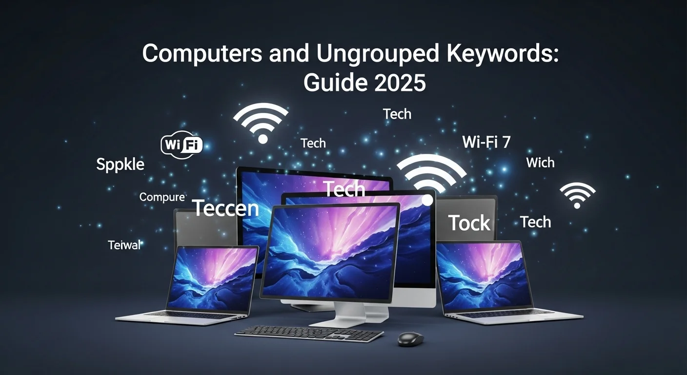 Una composición de computadoras modernas y laptops rodeadas por íconos de redes Wi-Fi 7 y palabras clave tecnológicas flotantes, simbolizando la conectividad.