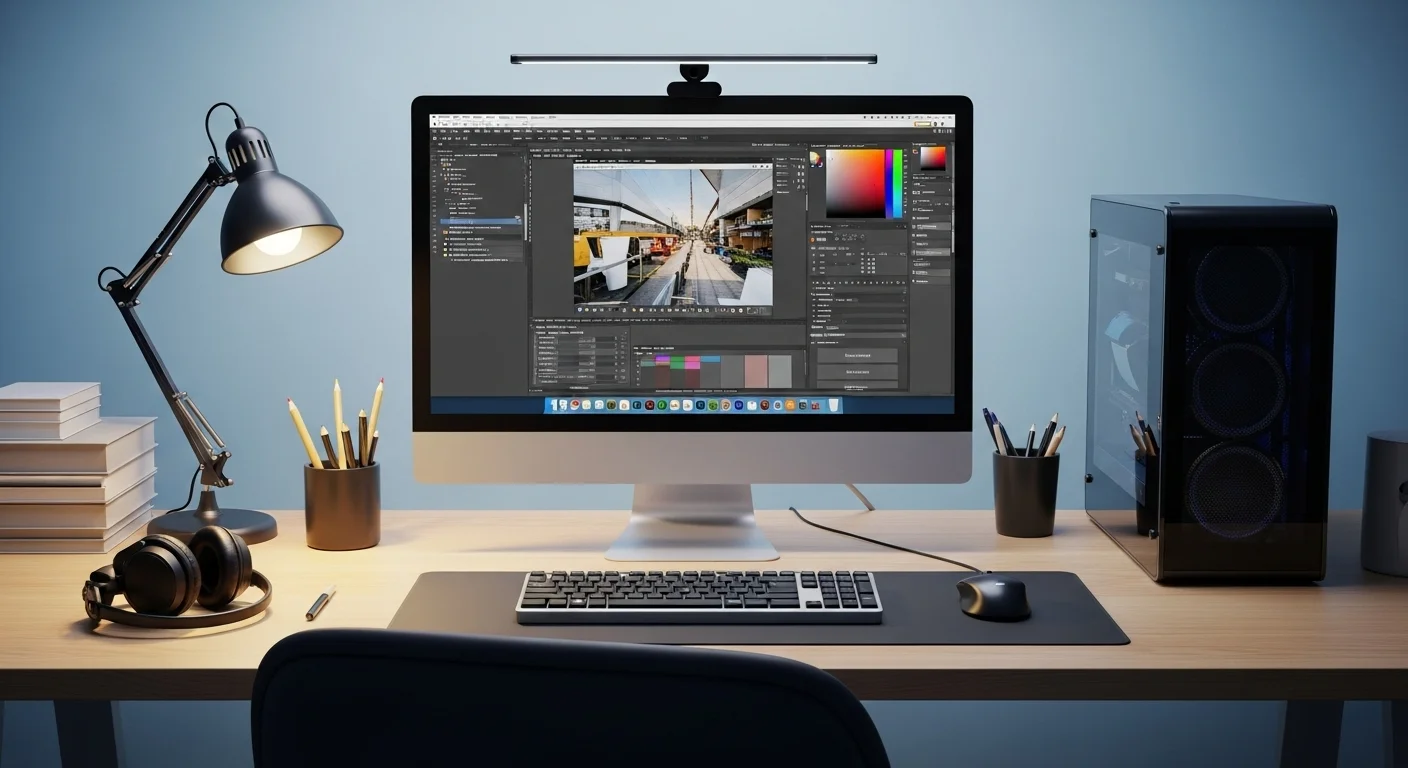 Un moderno escritorio de diseño gráfico con una potente computadora, un monitor 4K mostrando software de diseño y periféricos ergonómicos.