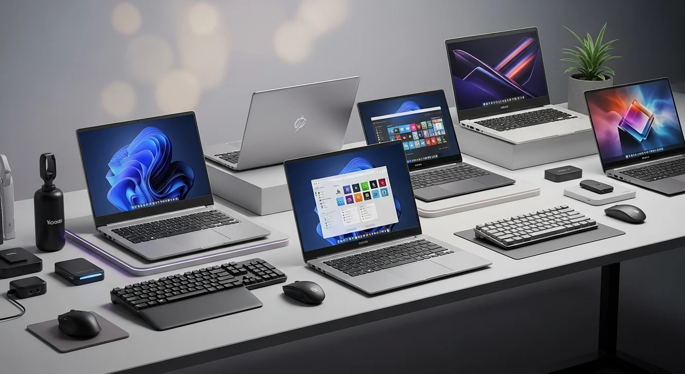 Varias computadoras para laptop de diferentes marcas y modelos sobre un escritorio moderno con accesorios tecnológicos.