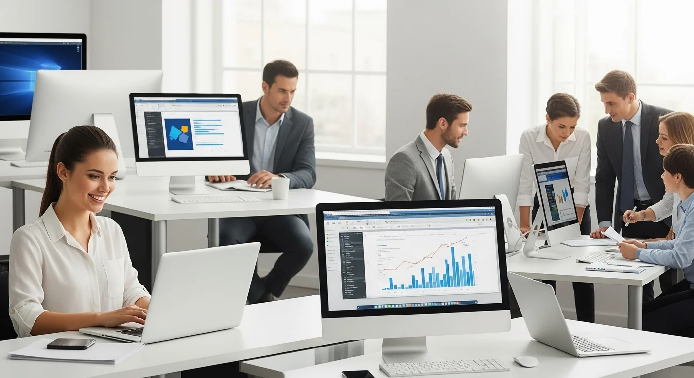 Una oficina moderna y bien iluminada con una variedad de computadoras para negocio, incluyendo laptops y equipos de escritorio, con empleados colaborando.