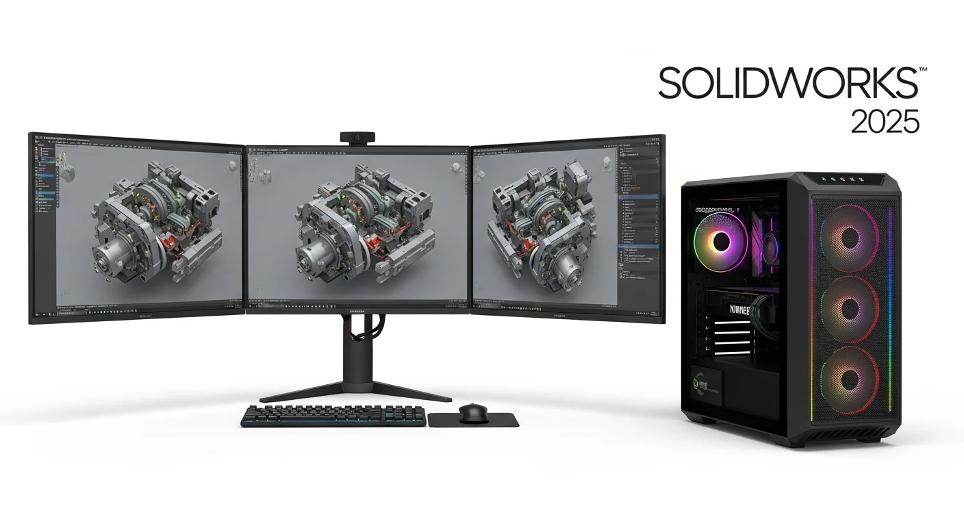 Estación de trabajo de alto rendimiento con múltiples monitores mostrando un complejo ensamblaje 3D en Solidworks 2025, representando las computadoras ideales para el software.