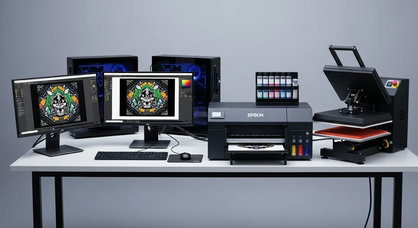 Estación de trabajo con computadoras potentes conectadas a una impresora Epson para sublimar y una prensa de calor, mostrando el proceso de diseño.