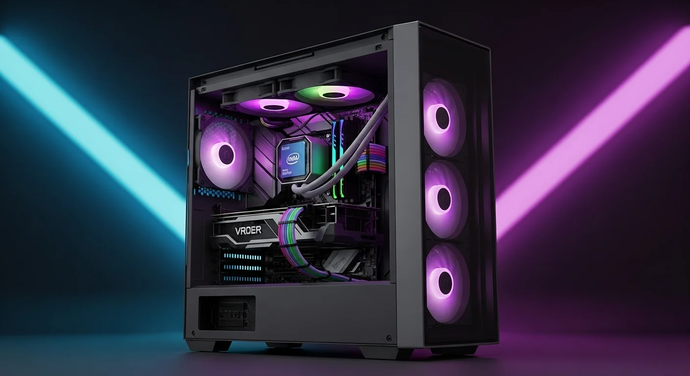 Una computadora Pc Gamer futurista con iluminación RGB y un potente procesador Intel en su interior, representando la tecnología del 2025.