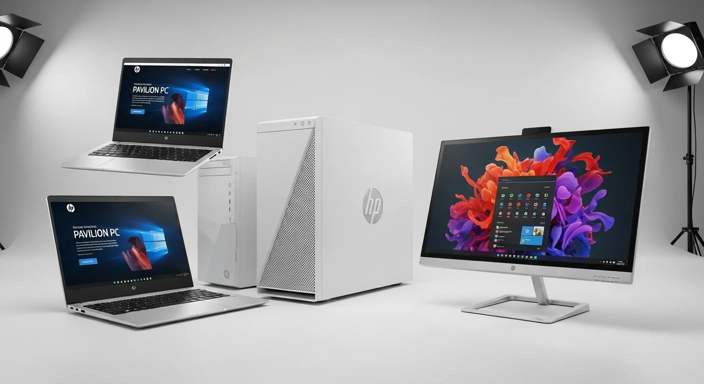 Una composición de varias computadoras Pc Pavilion, incluyendo un laptop plateado, un sobremesa moderno y un All-in-One, mostrando la diversidad de la línea.