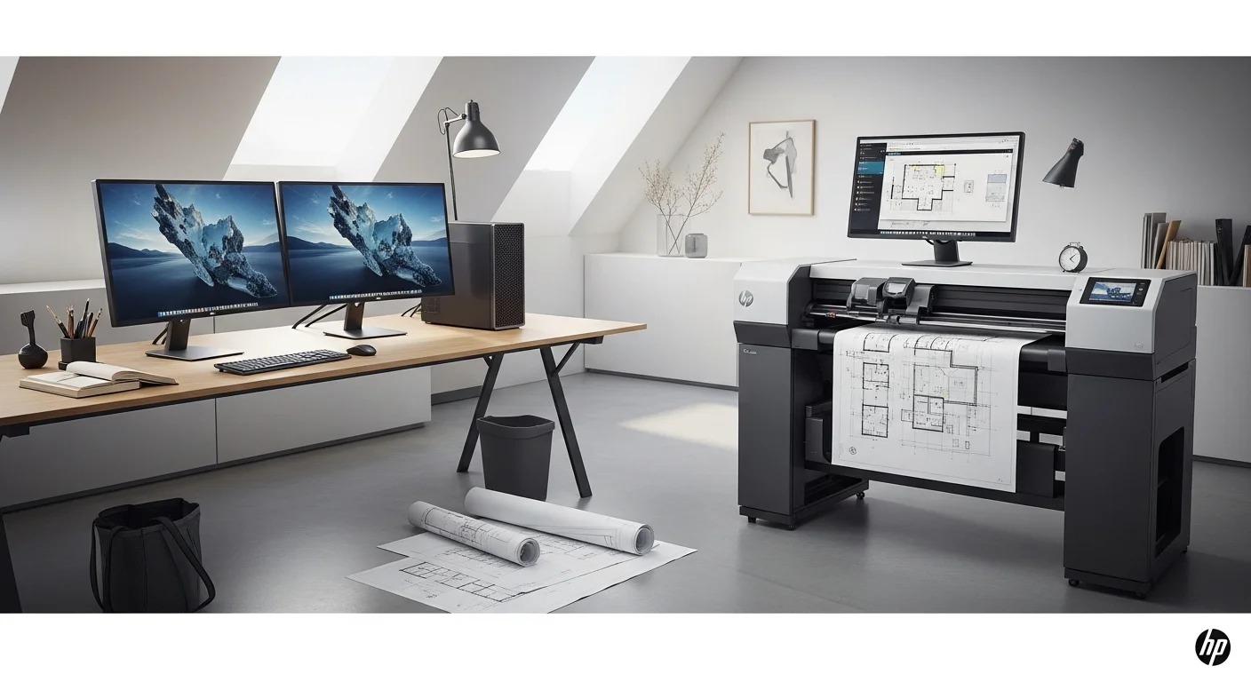 Una oficina moderna de arquitectura con computadoras potentes y un plotter HP DesignJet T650 imprimiendo planos detallados.
