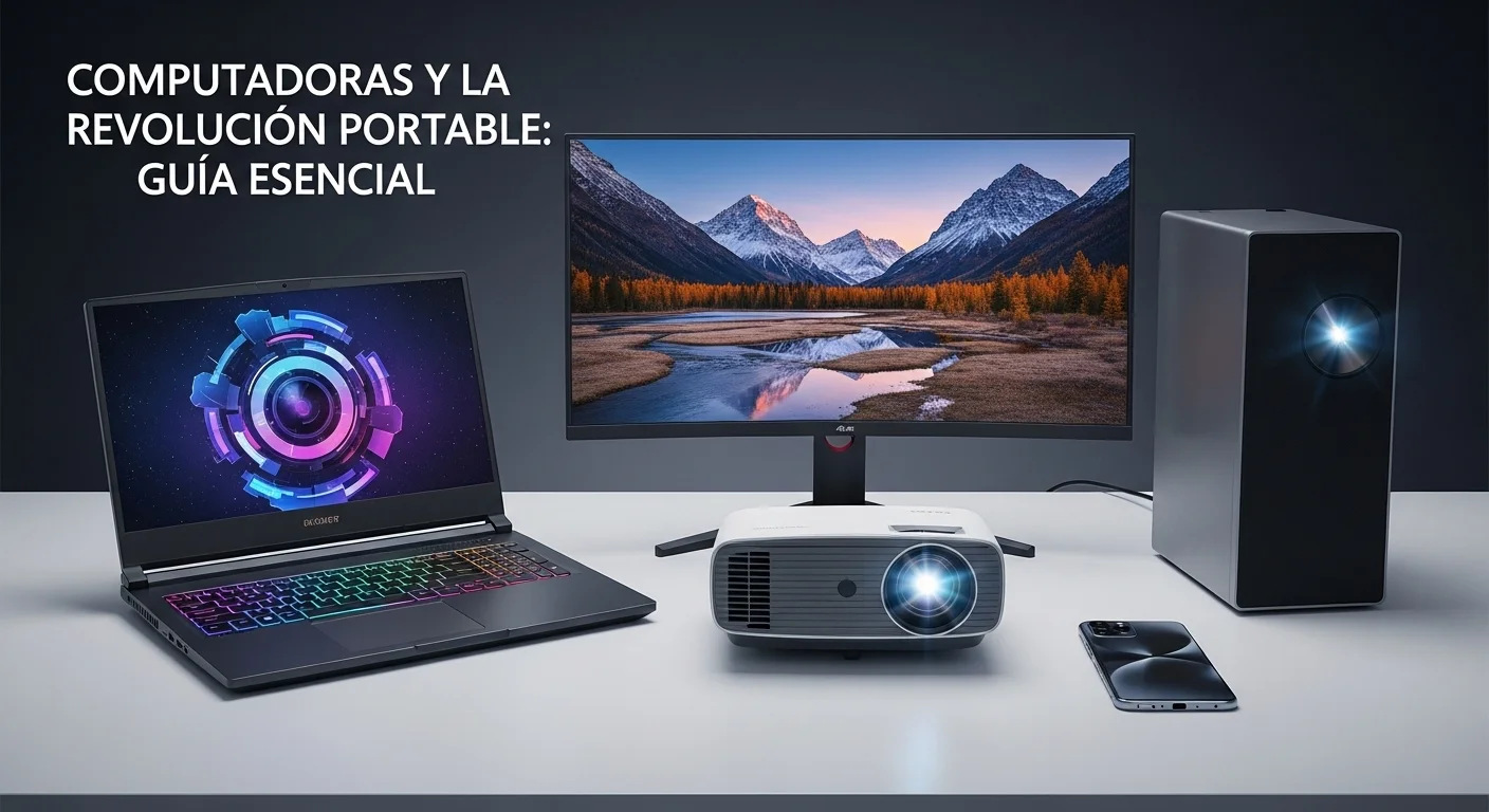 Un ecosistema de computadoras y dispositivos portables, incluyendo una laptop, un monitor externo, un proyector y un smartphone, sobre un escritorio moderno.