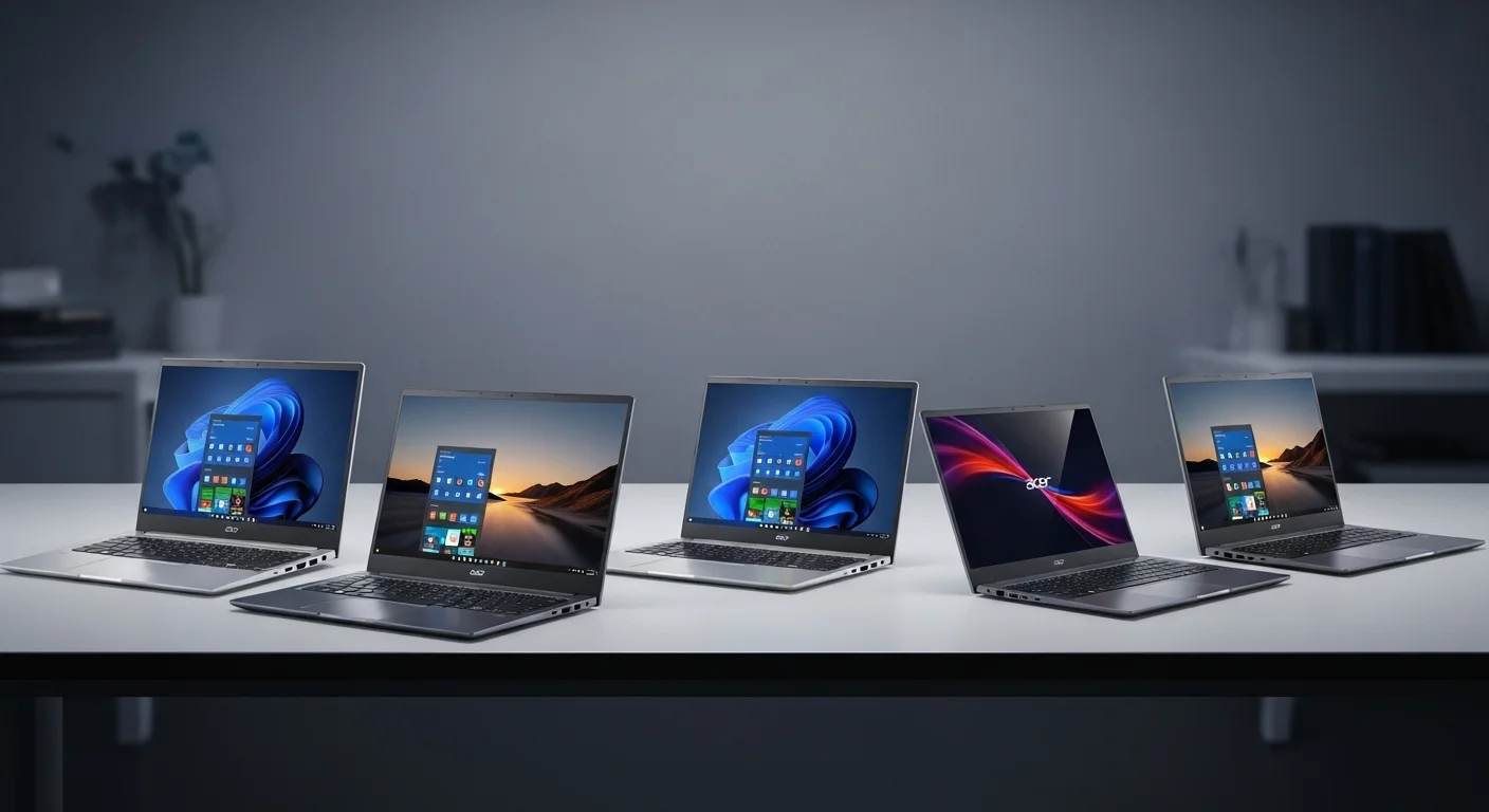Una selección de 5 computadoras portátiles Acer de la serie Aspire y Swift, mostrando sus diseños modernos y delgados sobre un escritorio tecnológico.
