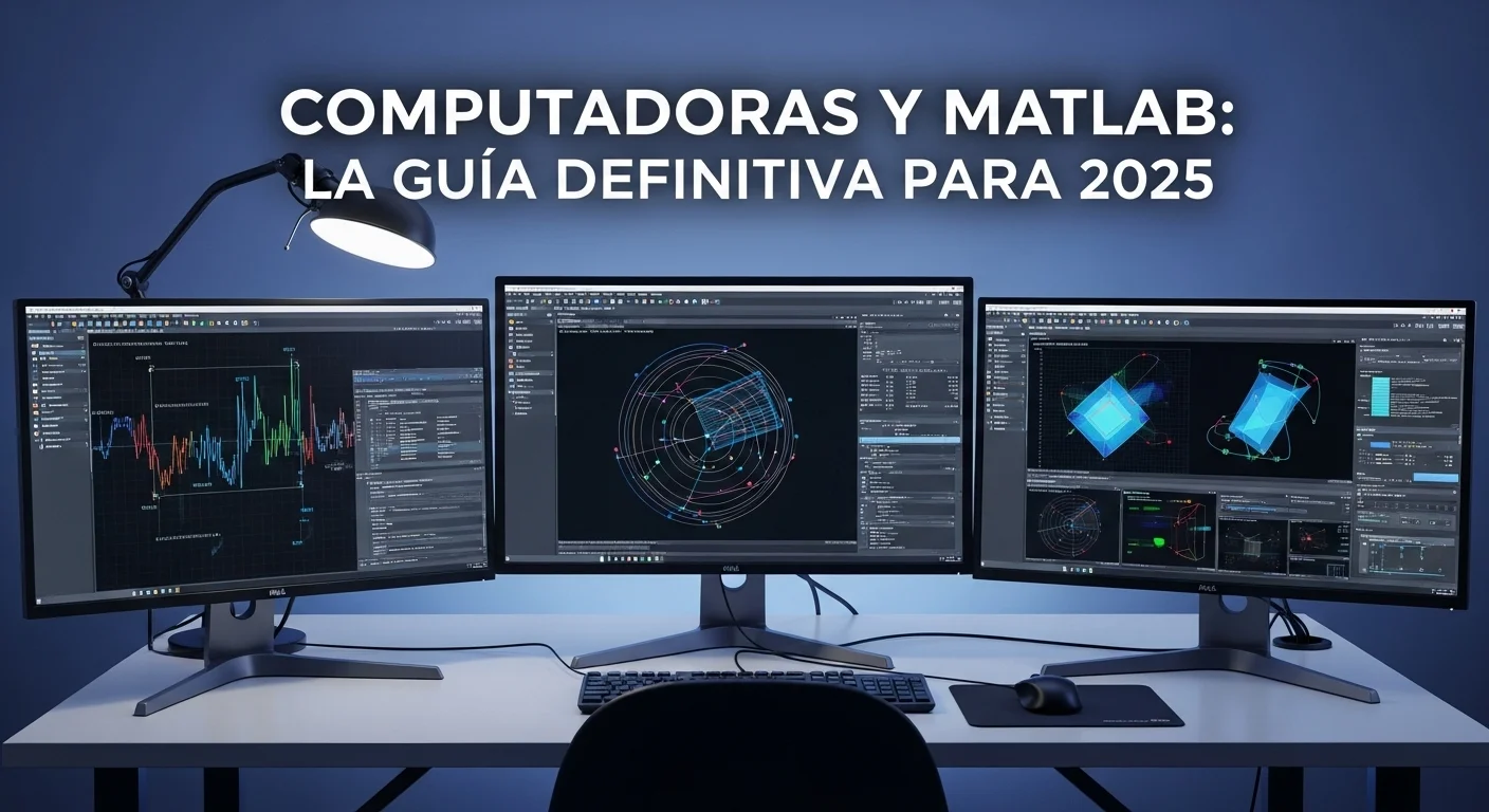 Una estación de trabajo de alta gama con múltiples monitores mostrando gráficos y simulaciones complejas de Matlab 2025.