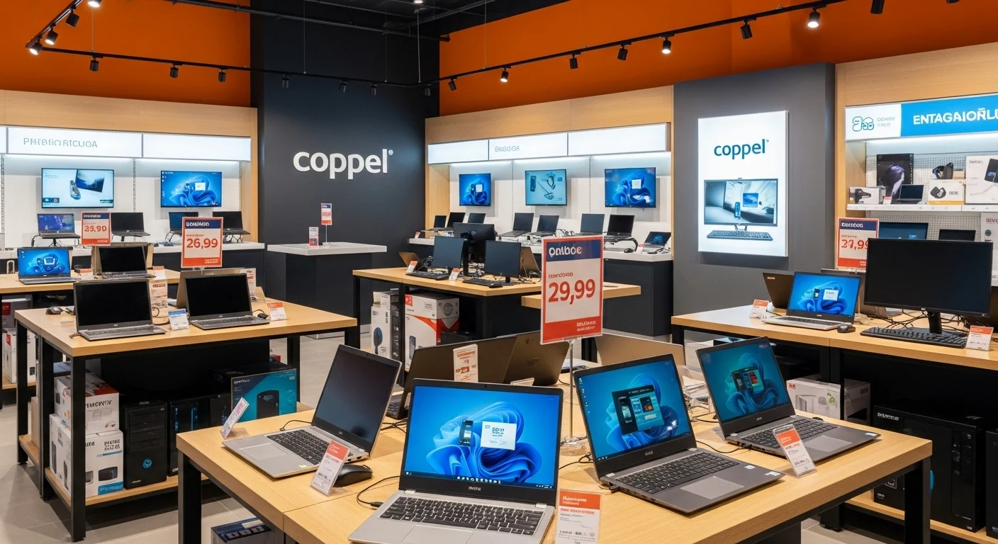 Varias computadoras y laptops de diferentes marcas exhibidas en una tienda Coppel, mostrando la diversidad de precios y modelos disponibles.
