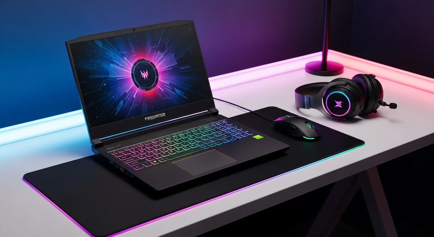 Una computadora portátil Acer Predator Helios 300 en un escritorio con iluminación RGB, junto a accesorios de tecnología como un ratón y auriculares.