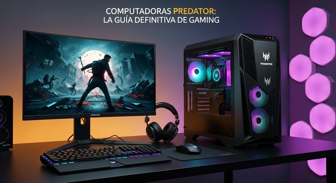 Estación de juego completa con una computadora de escritorio Predator iluminada, un monitor Predator curvo y periféricos a juego, mostrando un entorno de gaming de alta tecnología.