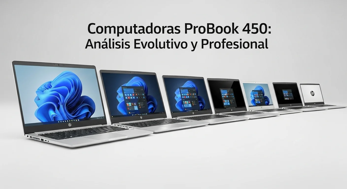 Varias computadoras de la serie HP ProBook 450 exhibidas en una fila, mostrando la evolución de su diseño y su enfoque tecnológico profesional.