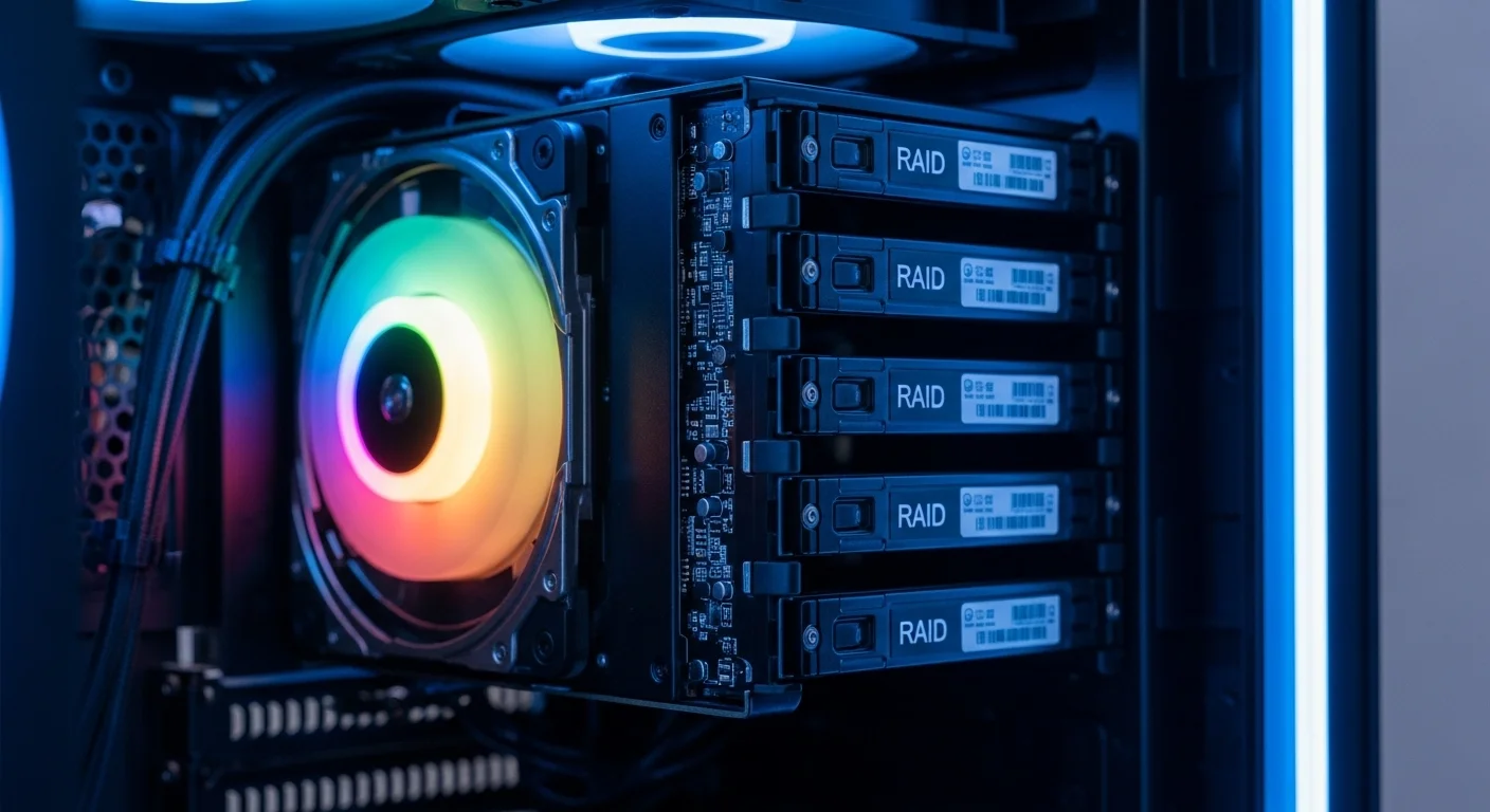 Una matriz de discos duros iluminada que representa la tecnología RAID dentro de una computadora de alto rendimiento.