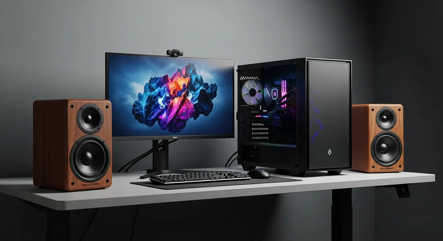Un moderno escritorio de computadora con un setup de gaming, flanqueado por dos potentes bocinas Rock Series en cajas de madera personalizadas, mostrando la fusión de tecnología y audio de alta fidelidad.