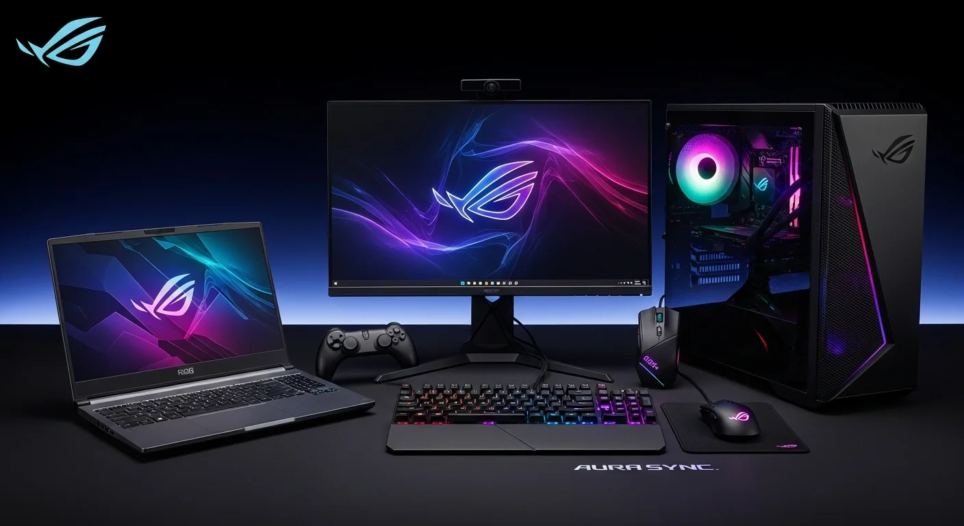 Un completo setup de computadoras ROG iluminado con Aura Sync, mostrando una notebook, un desktop, monitor y periféricos.