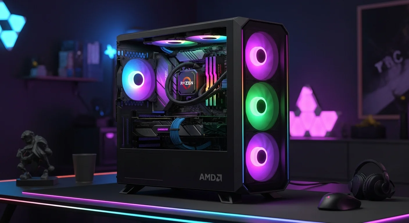 Una computadora de escritorio de alto rendimiento con iluminación RGB y el logotipo de Ryzen visible en el procesador.