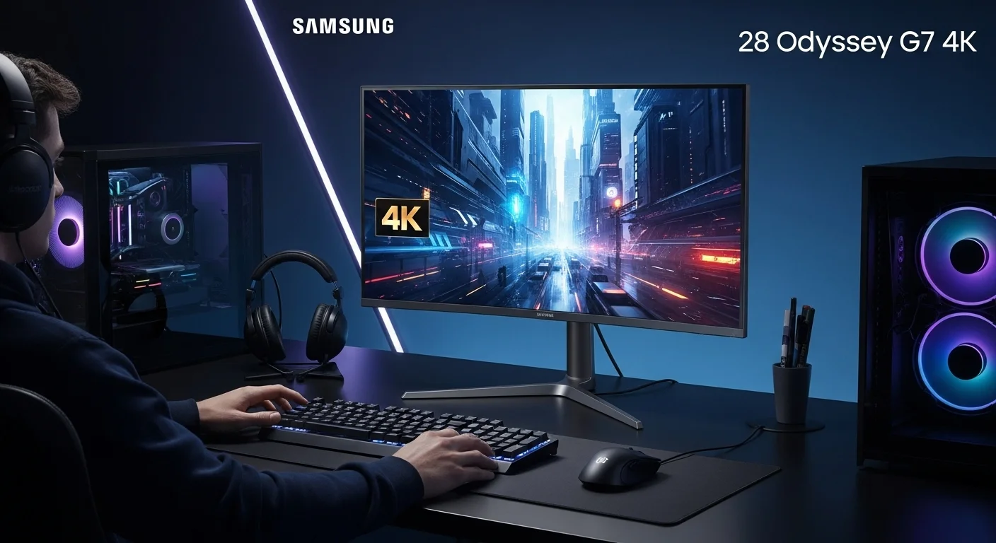 Setup de computadoras profesional con el monitor Samsung 28 Odyssey G7 4K en un escritorio, mostrando su calidad de imagen para gaming y trabajo.